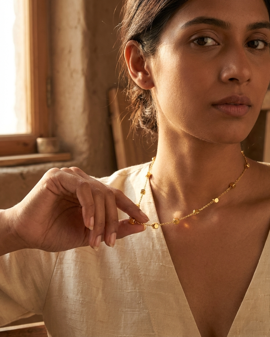 Minimal Gold Beaded Necklace – Delicate Coin Chain Choker | Elegant Everyday Jewellery