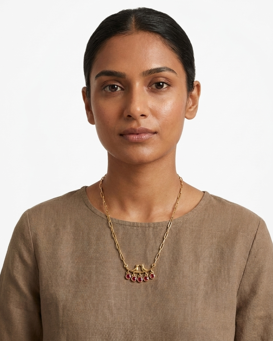Elegant Bird Motif Ruby Drop Necklace – Gold Chain with Hanging Red Stone Charms | Minimal Statement Jewellery