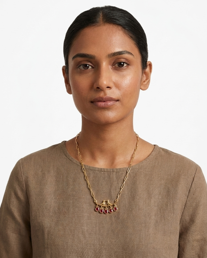 Elegant Bird Motif Ruby Drop Necklace – Gold Chain with Hanging Red Stone Charms | Minimal Statement Jewellery