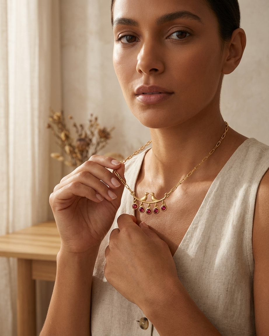 Elegant Bird Motif Ruby Drop Necklace – Gold Chain with Hanging Red Stone Charms | Minimal Statement Jewellery