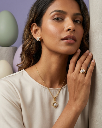 Luxury Diamond-Style Jewellery Set – Gold Pendant Necklace, Stud Earrings & Ring | Elegant Bridal & Party Set