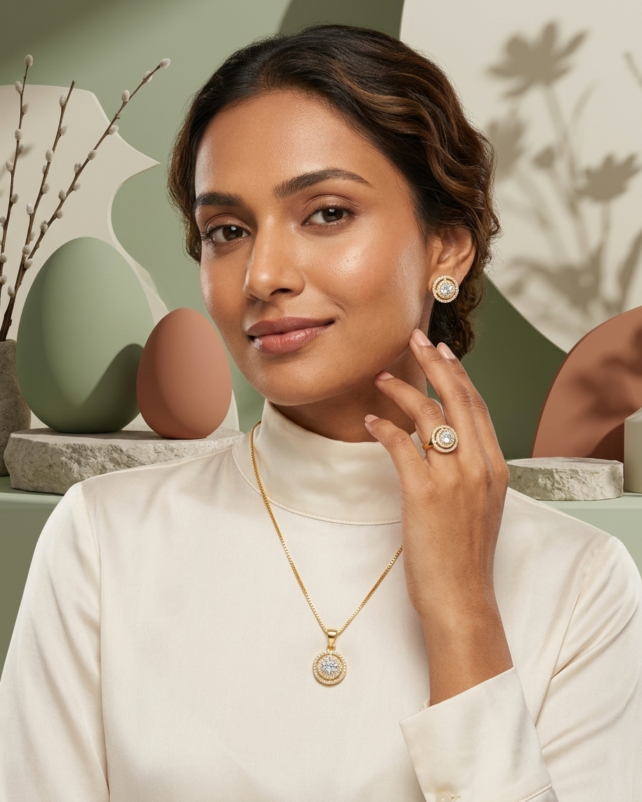 Gold Round Halo Jewellery Set – Diamond Style Pendant Necklace, Stud Earrings & Ring | Elegant Luxury Set