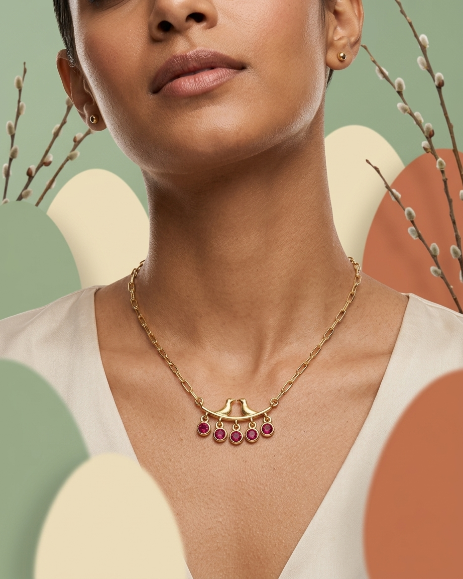 Elegant Bird Motif Ruby Drop Necklace – Gold Chain with Hanging Red Stone Charms | Minimal Statement Jewellery