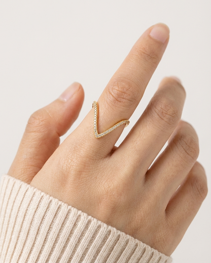 Gold V Shape Adjustable Ring – Minimal Zircon Designer Open Ring for Women