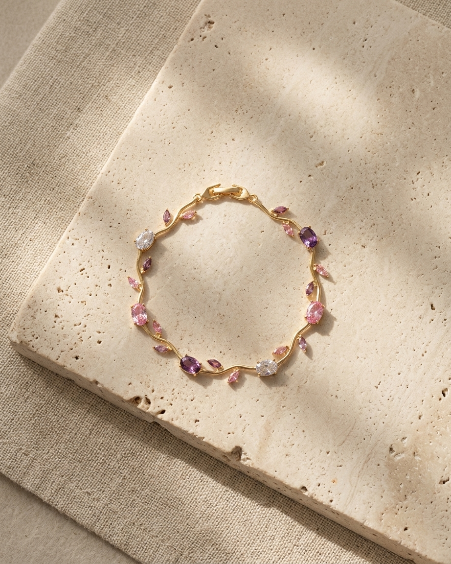 Blush Tulip Crystal Bracelet – Gold Floral Vine Bracelet with Pink & Purple Zircon Stones