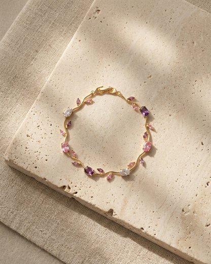 Blush Tulip Crystal Bracelet – Gold Floral Vine Bracelet with Pink & Purple Zircon Stones