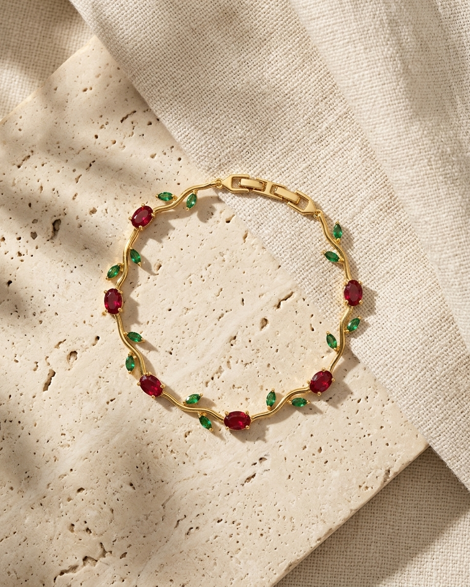 Ruby Tulip Vine Bracelet – Gold Floral Bracelet with Red & Green Stones