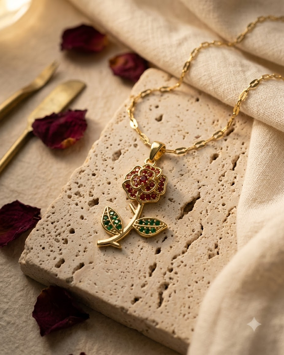 Red Rose Floral Crystal Pendant Necklace