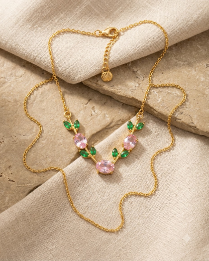 Pink Emerald Leaf Necklace – 18K Gold Plated Statement Necklace