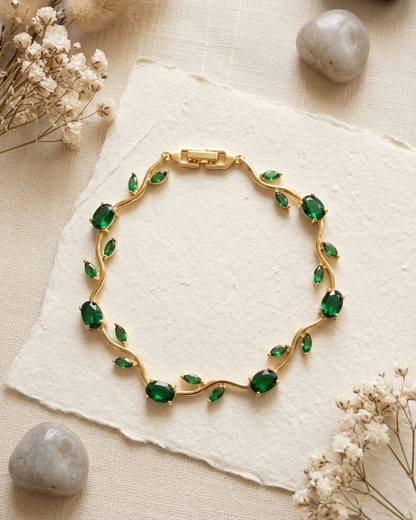 Emerald Tulip Vine Bracelet – Gold Floral Bracelet with Green Zircon Stones
