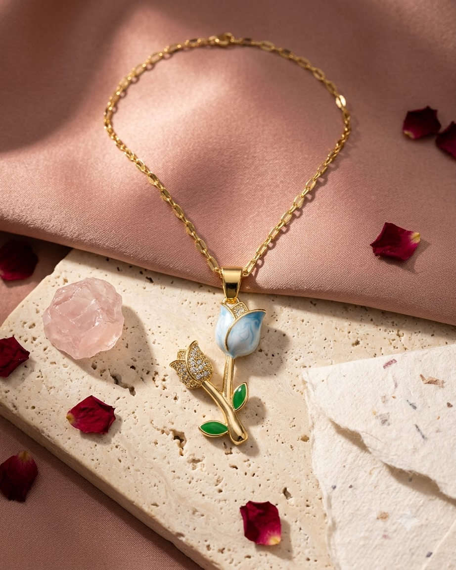 Blue Tulip Floral Pendant Necklace
