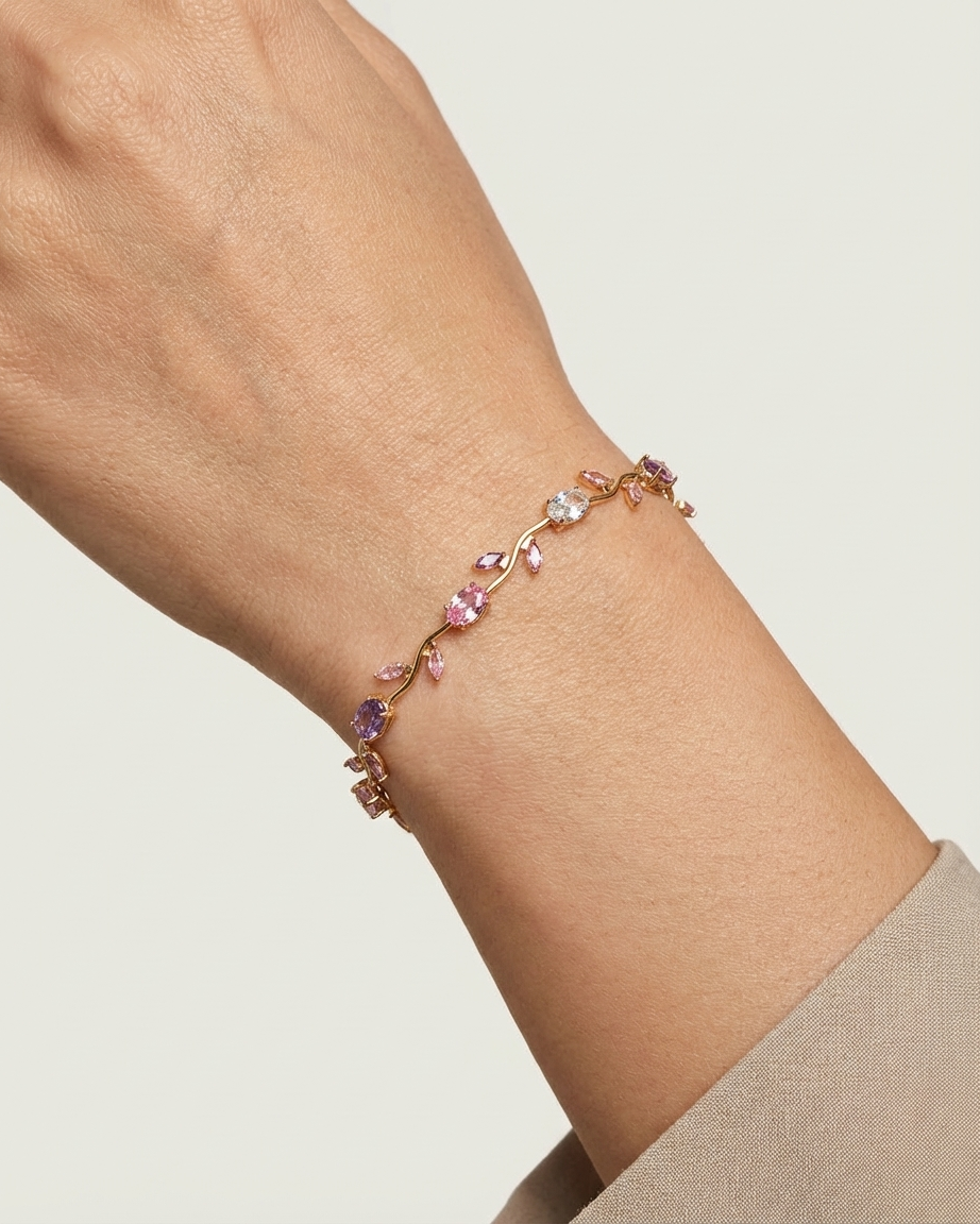 Blush Tulip Crystal Bracelet – Gold Floral Vine Bracelet with Pink & Purple Zircon Stones