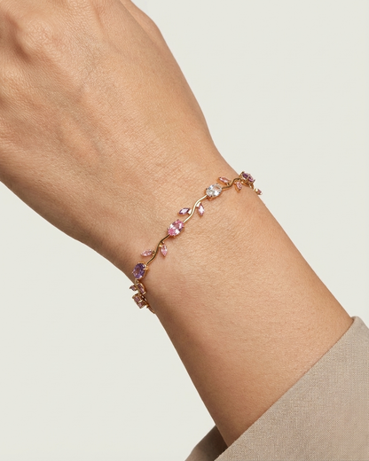 Blush Tulip Crystal Bracelet – Gold Floral Vine Bracelet with Pink & Purple Zircon Stones