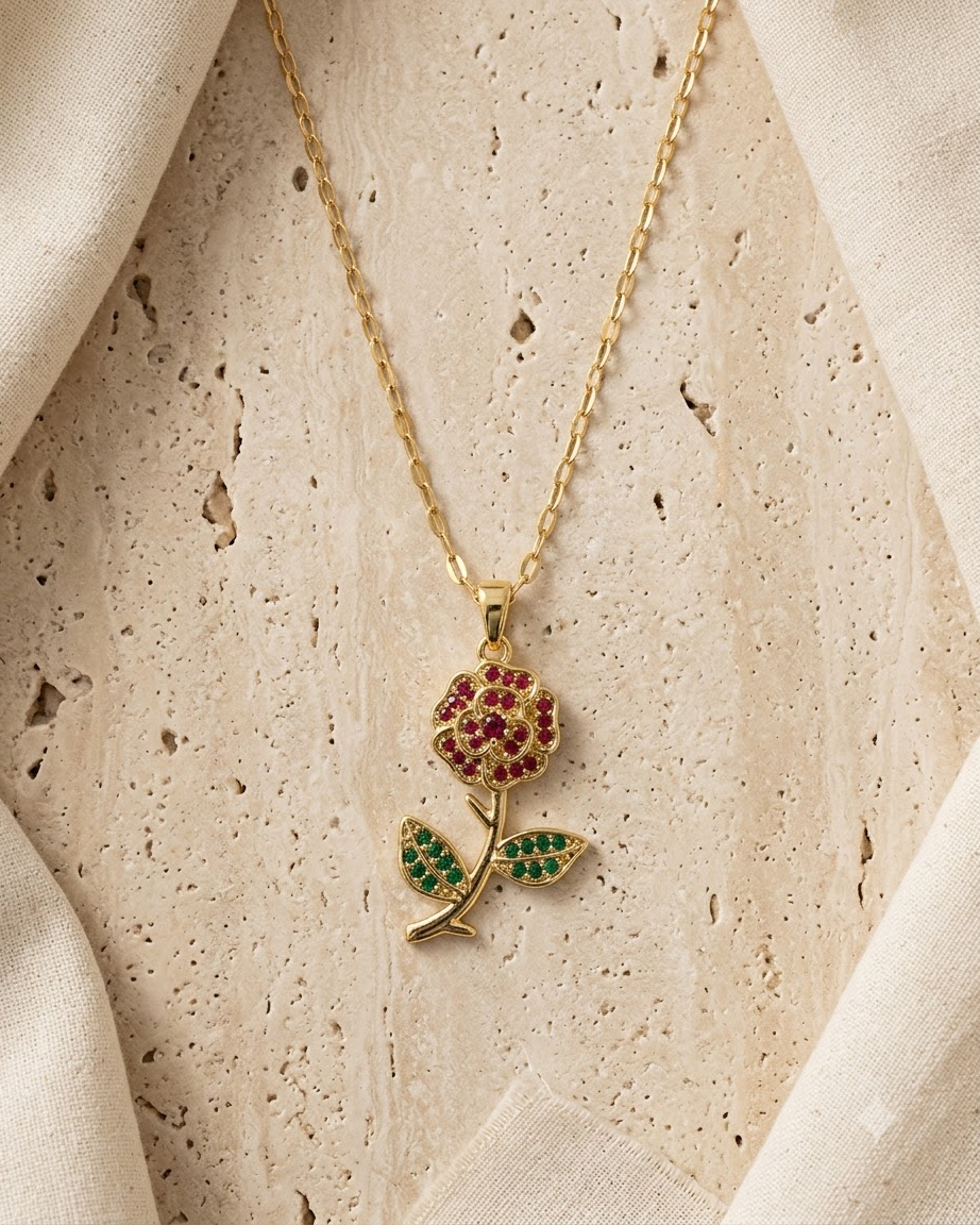 Red Rose Floral Crystal Pendant Necklace