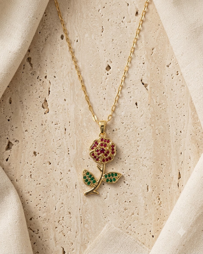 Red Rose Floral Crystal Pendant Necklace