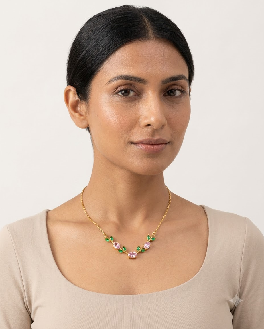 Pink Emerald Leaf Necklace – 18K Gold Plated Statement Necklace