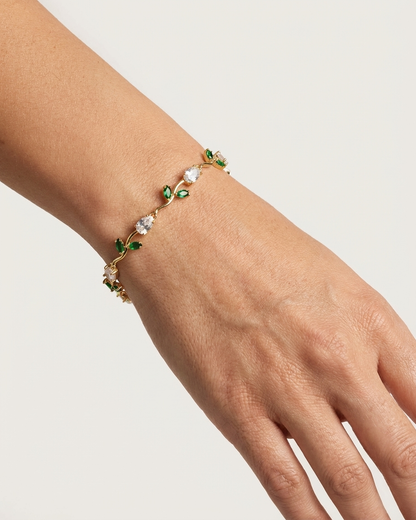 Ivory Tulip Vine Bracelet – Gold Floral Bracelet with White & Green Stones