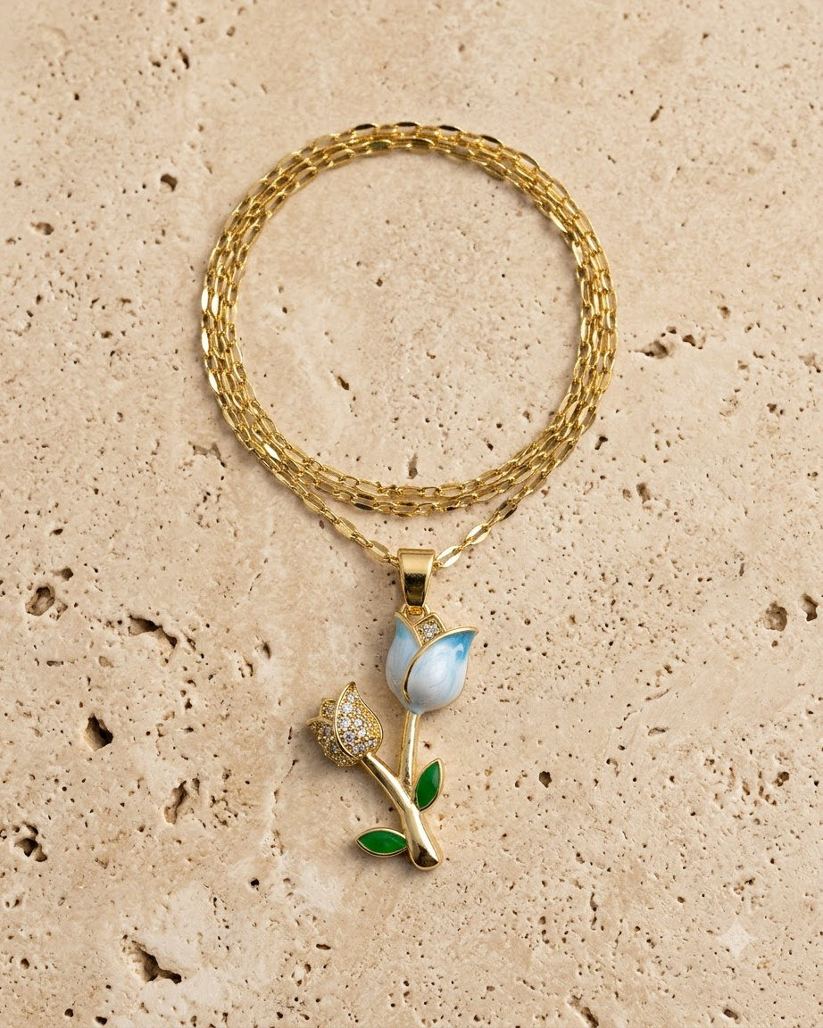 Blue Tulip Floral Pendant Necklace
