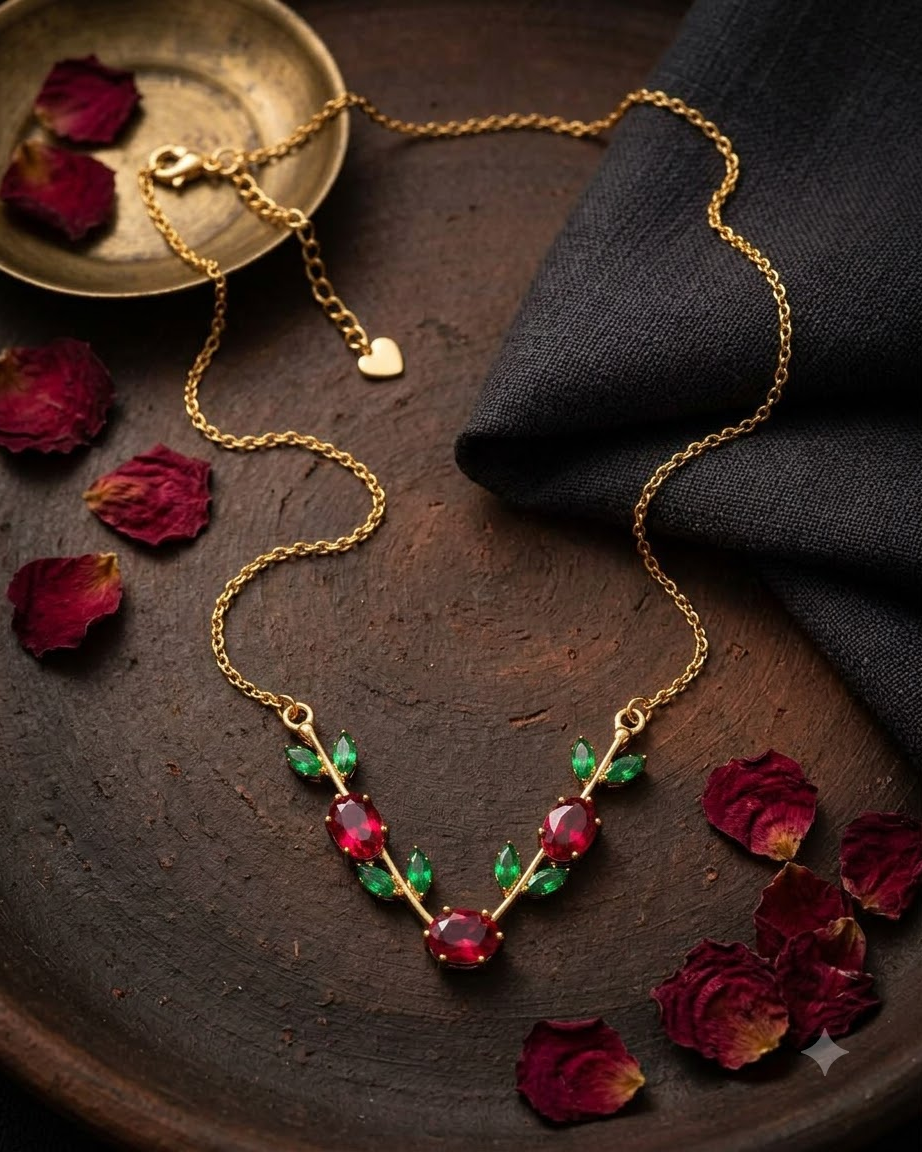Ruby Green Leaf Necklace – 18K Gold Plated Statement Necklace