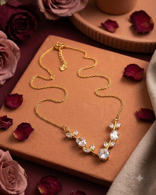 Crystal Leaf Necklace – 18K Gold Plated CZ Statement Necklace