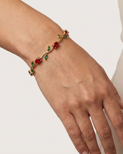Ruby Tulip Vine Bracelet – Gold Floral Bracelet with Red & Green Stones