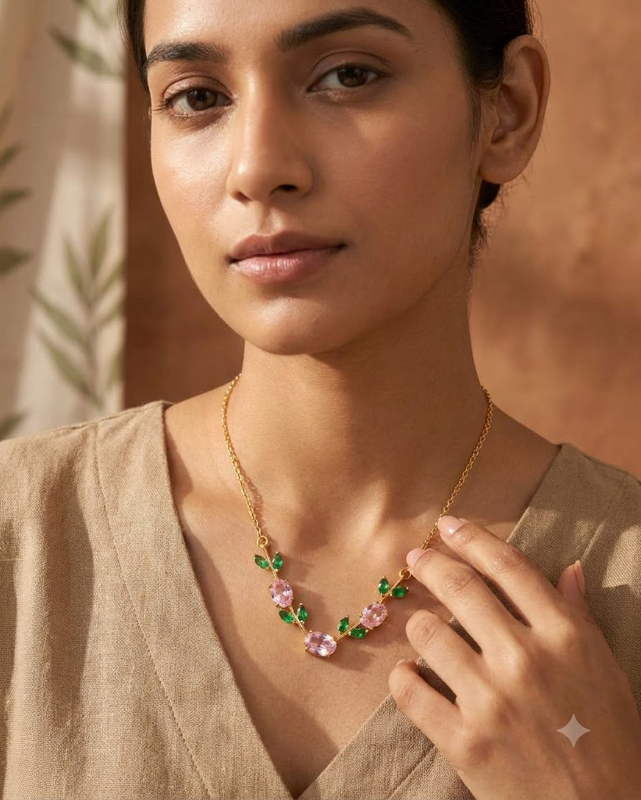Pink Emerald Leaf Necklace – 18K Gold Plated Statement Necklace
