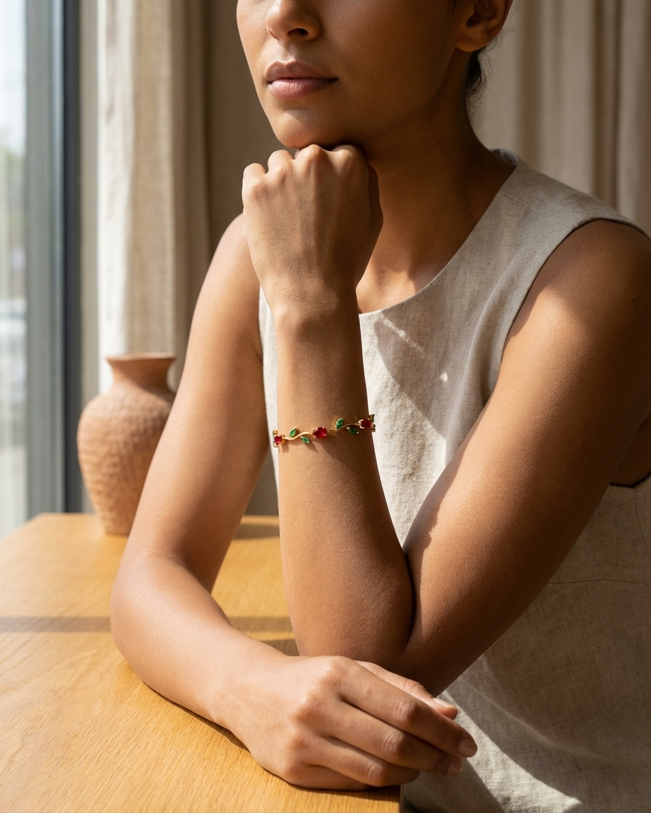 Ruby Tulip Vine Bracelet – Gold Floral Bracelet with Red & Green Stones