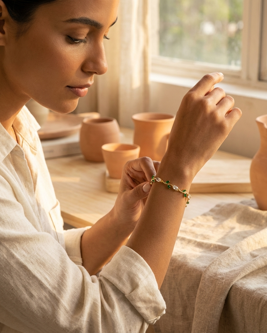Ivory Tulip Vine Bracelet – Gold Floral Bracelet with White & Green Stones