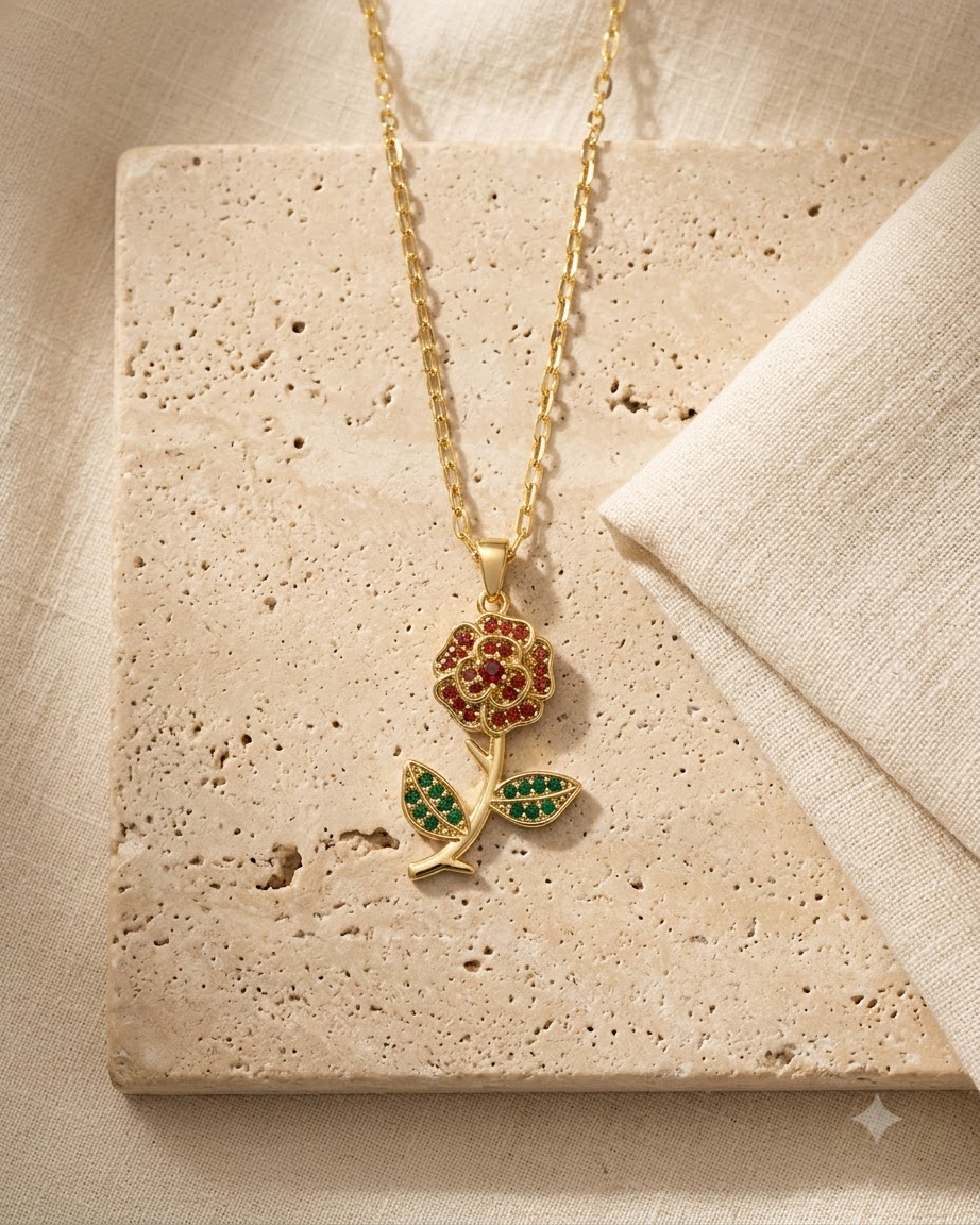 Red Rose Floral Crystal Pendant Necklace