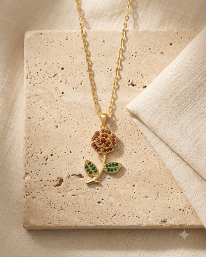 Red Rose Floral Crystal Pendant Necklace