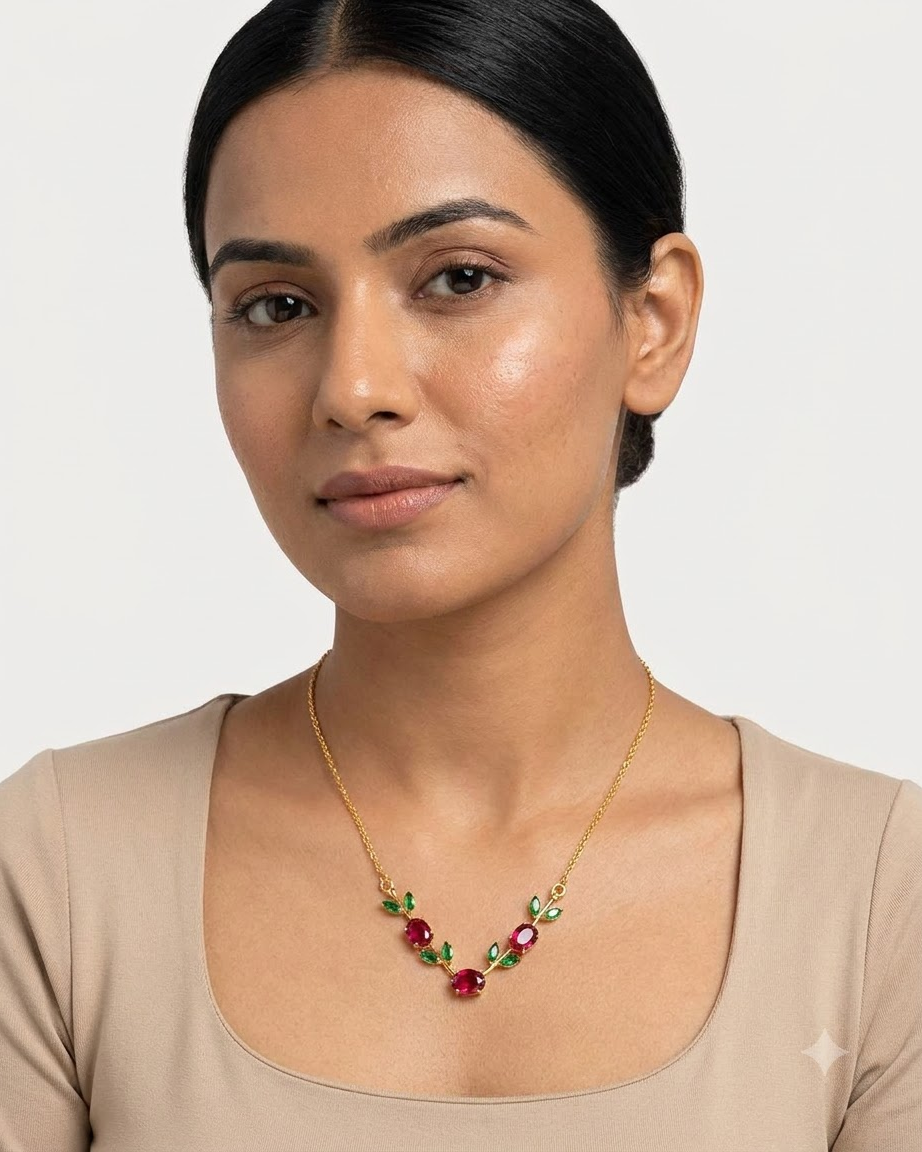 Ruby Green Leaf Necklace – 18K Gold Plated Statement Necklace