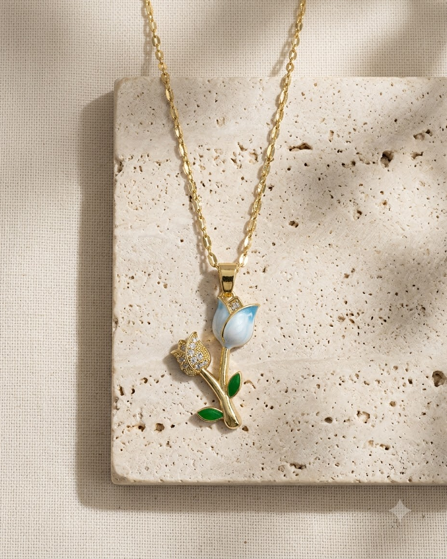 Blue Tulip Floral Pendant Necklace