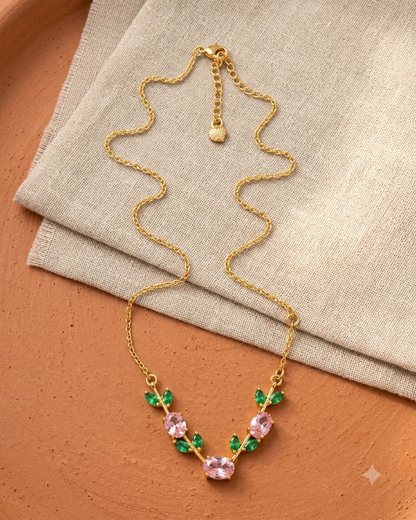 Pink Emerald Leaf Necklace – 18K Gold Plated Statement Necklace
