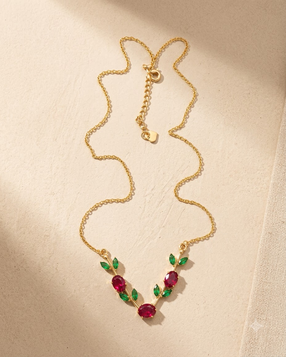 Ruby Green Leaf Necklace – 18K Gold Plated Statement Necklace