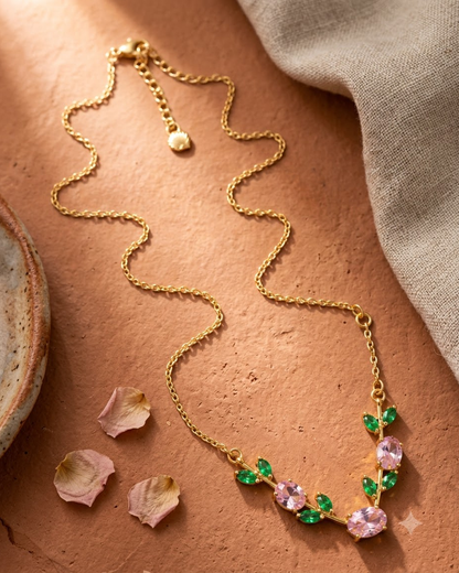 Pink Emerald Leaf Necklace – 18K Gold Plated Statement Necklace