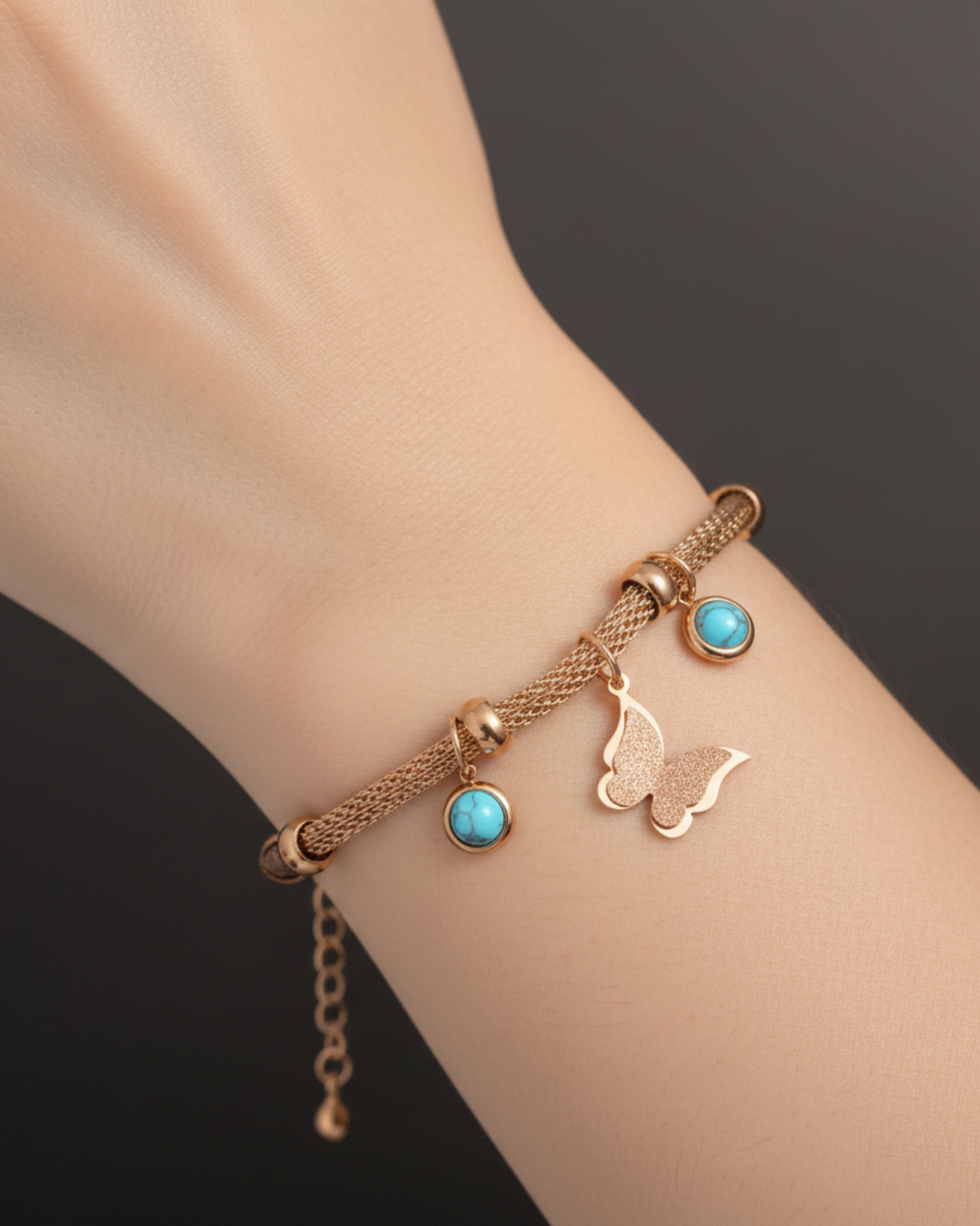 Rose Gold Butterfly Charm Bracelet with Turquoise Stones | Adjustable Women Bracelet
