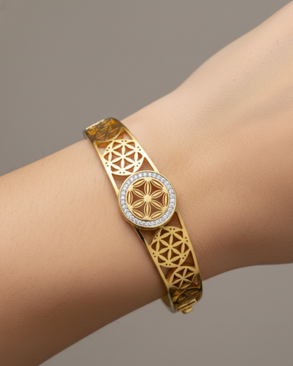 Gold-Plated Geometric Floral Cuff Bracelet with Crystal Detailing | Elegant Women Bracelet