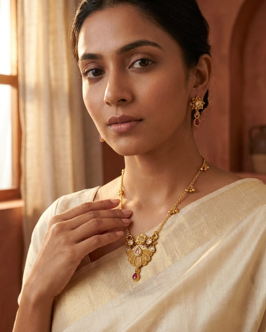 Acacia Swarovski Jadtar 18K Gold-Plated Chain-Pendant | Artisanal Jewellery