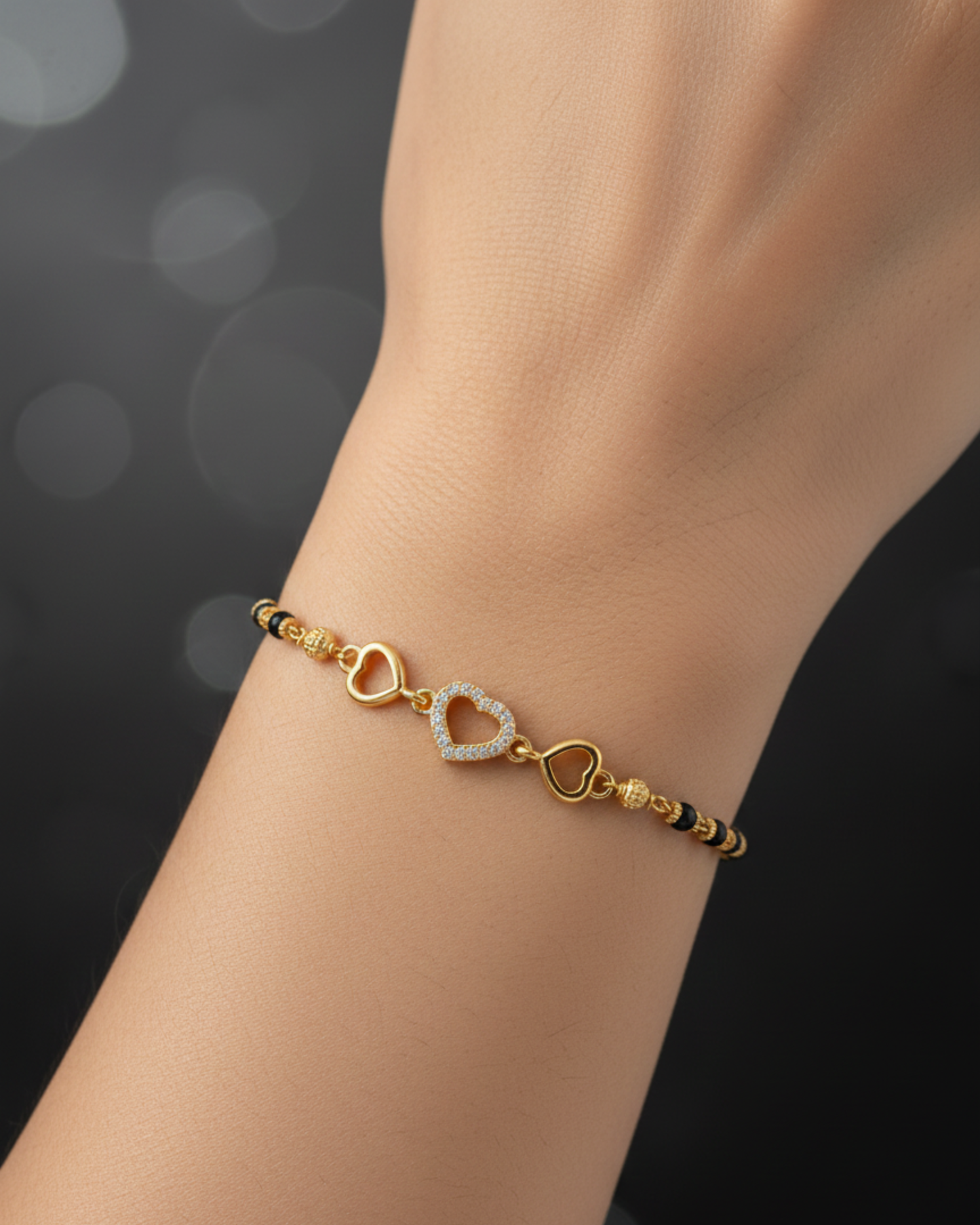 Gold-Plated Heart Design mangalssutra Bracelet with Black Beads | Elegant Women’s Chain Bracelet