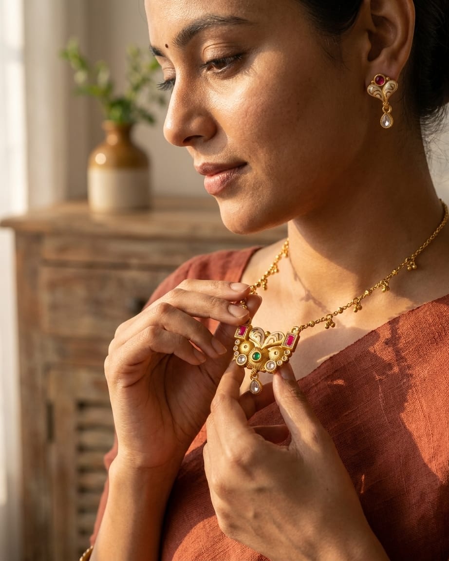 Ava Swarovski Jadtar 18K Gold-Plated Chain-Pendant | Artisanal Jewellery