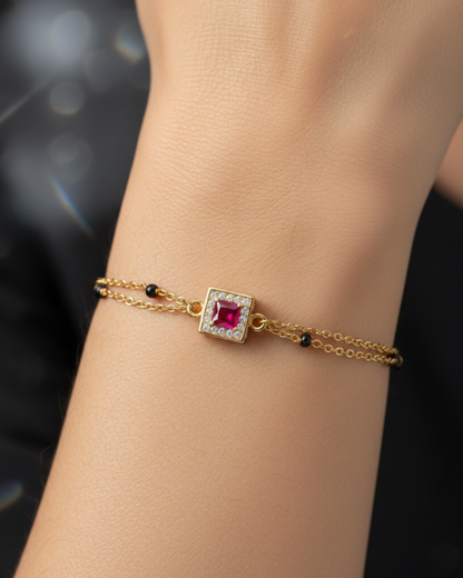 Gold-Plated Square Ruby Crystal Chain mangalsutra Bracelet with Black Beads for Women