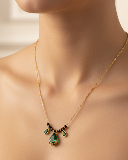 Emerald Green Drop Mangalsutra Necklace – 18K Gold Plated Minimal Diamond Style
