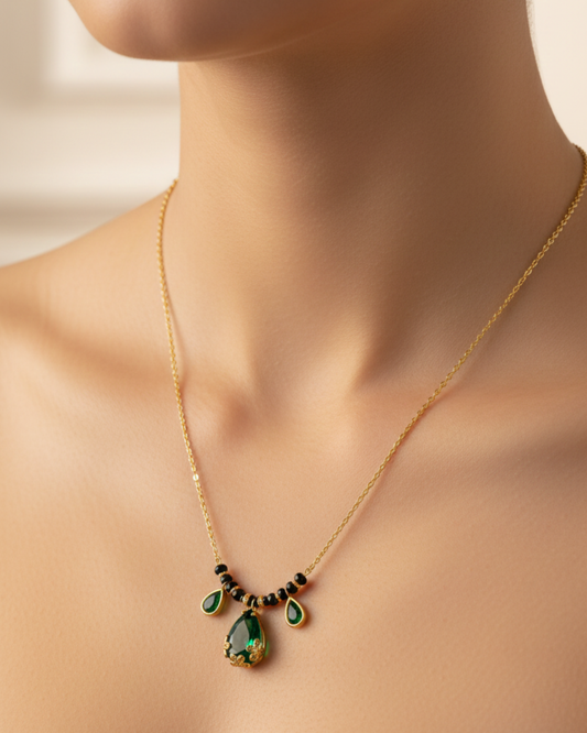 Emerald Green Drop Mangalsutra Necklace – 18K Gold Plated Minimal Diamond Style
