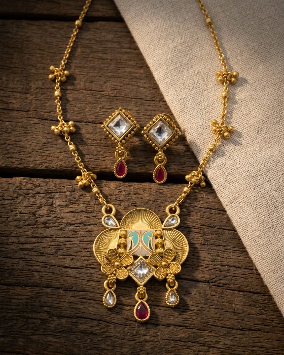 Surivae Swarovski Jadtar 18K Gold-Plated Chain-Pendant | Artisanal Jewellery