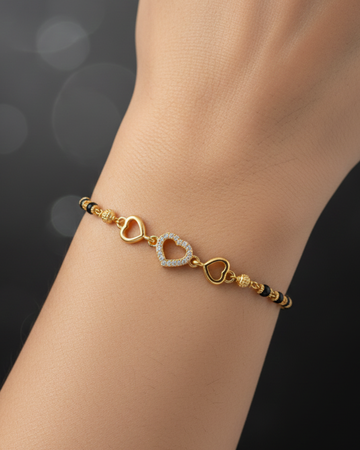 Gold-Plated Heart Design mangalssutra Bracelet with Black Beads | Elegant Women’s Chain Bracelet