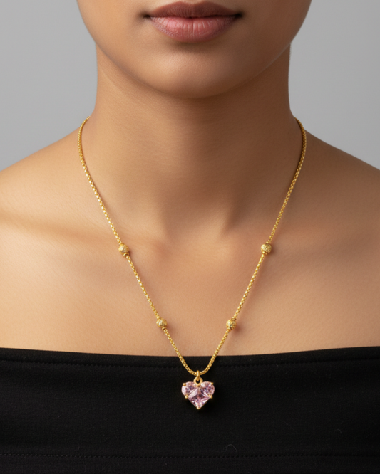 Pink Heart 18k Gold Plated Necklace for Women | Romantic Elegant Jewelry