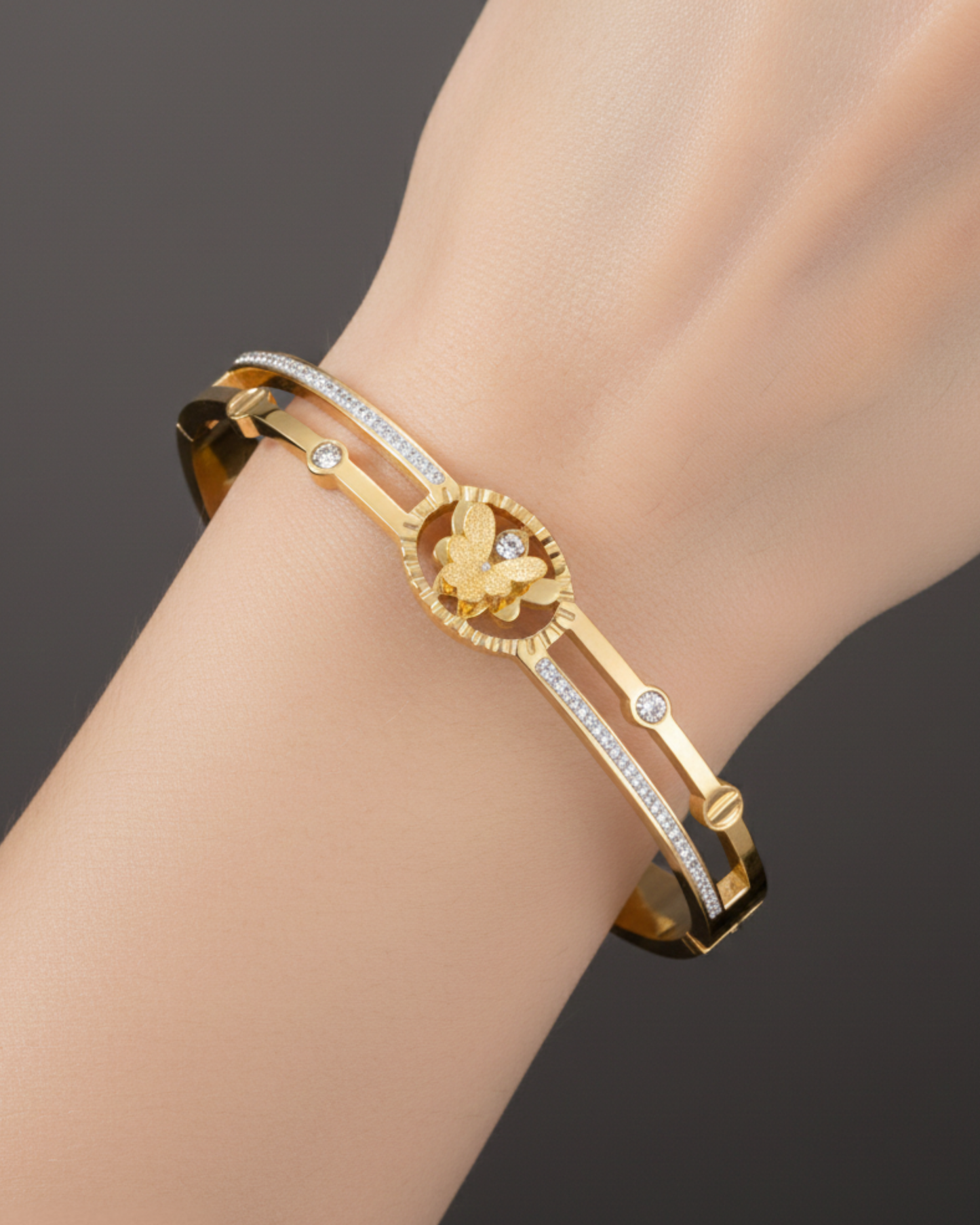 Gold-Plated Butterfly Cuff Bracelet with Crystal Detailing | Elegant Women Bracelet