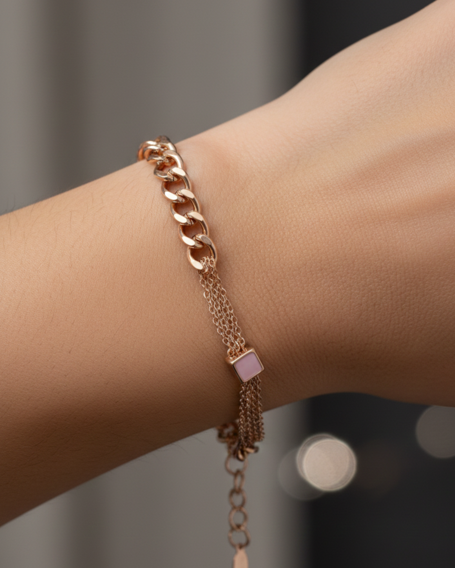 Rose Gold Chain & Mesh Bracelet with Pink Square Charm