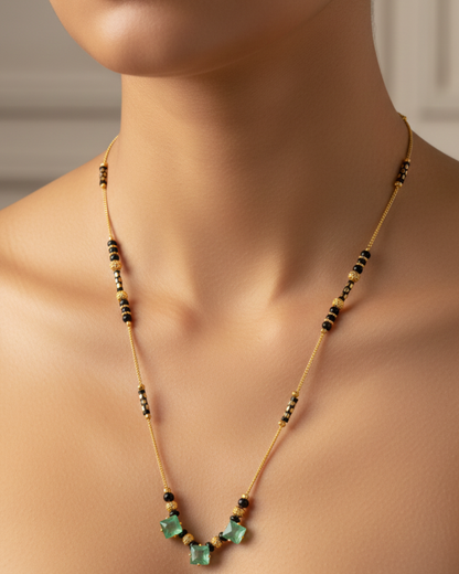 Gold-Plated Green Stone Mangalsutra Necklace with Black Beads