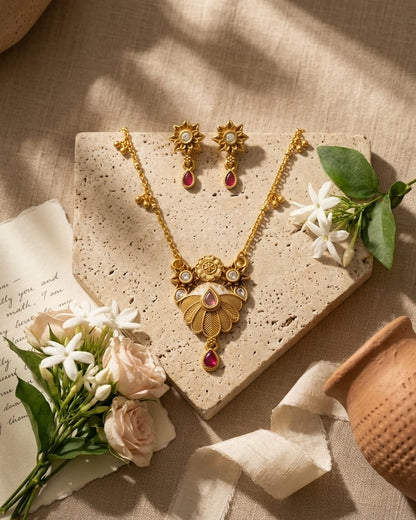 Acacia Swarovski Jadtar 18K Gold-Plated Chain-Pendant | Artisanal Jewellery